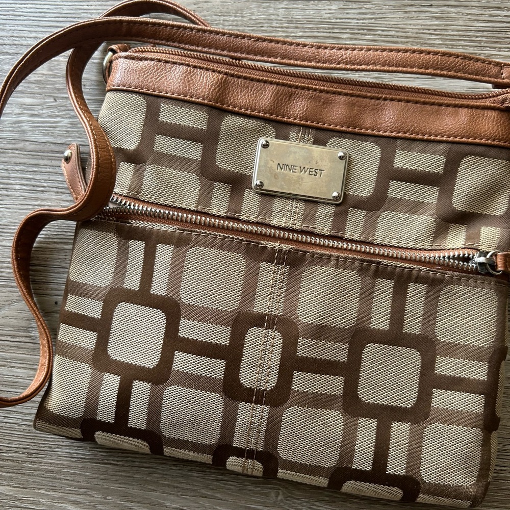 Nine West Brown and Tan Geometric Pattern Crossbody Bag
